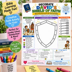 Puede incluir: Una hoja de actividades educativas blanca titulada Decorate David's Shield of Faith, que presenta el contorno de un gran escudo central, ilustraciones de David y Goliath, y secciones numeradas para colorear, escribir y realizar tareas de estudio bíblico.