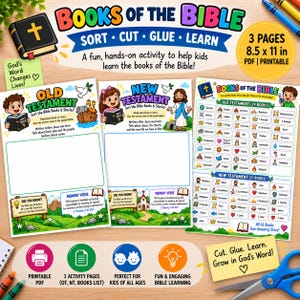 May include: A printable educational activity set titled Books of the Bible featuring three 21.6 x 27.9 cm pages. The sheets include sorting tasks for Old and New Testament books, illustrated with cartoon characters, religious symbols, and text.