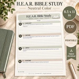 H.E.A.R. Bible Study Printable, Neutral Color Scripture Journal Page (PDF Download)