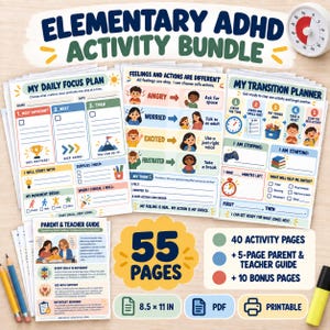May include: An Elementary ADHD Activity Bundle featuring 55 pages of printable worksheets. Includes a Daily Focus Plan, Feelings and Actions chart, and Transition Planner. The set measures 21.59 by 27.94 cm and includes a parent and teacher guide.