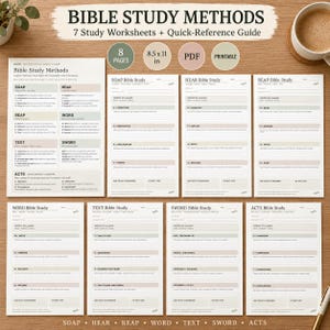 Bible Study Methods Printable Bundle, 7 Worksheets + Cheat Sheet (PDF)