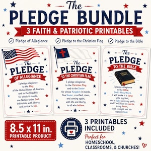Può includere: Un pacchetto digitale di tre poster stampabili con il Pledge of Allegiance, il Pledge to the Christian Flag e il Pledge to the Bible. Ogni documento di 21,6 x 27,9 cm presenta dettagli con stelle patriottiche rosse, bianche e blu.