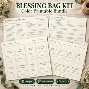 Peut inclure: Un kit de sac de bénédiction imprimable en couleur comprenant cinq pages de documents, dont une liste d'articles, un guide d'assemblage, des cartes d'encouragement avec des phrases comme You Are Loved et des étiquettes.