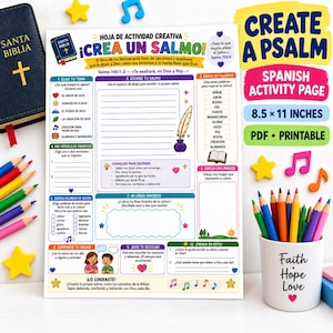 May include: A printable Spanish activity page titled Crea un Salmo with sections for writing, drawing, and choosing themes. The sheet measures 21.59 x 27.94 cm and features colourful illustrations of a quill, inkwell, and musical notes, surrounded by coloured pencils.