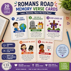 以下が含まれることがあります： カラフルなイラストと聖書の一節が描かれた20枚のRomans Road暗記カードセット。カードには救いへの5つのステップが示されており、We Have All Sinned、Sin Has A Consequence、God Loves Us、Believe In Jesus、Call On Jesusといったテキストが含まれています。