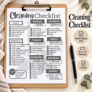 May include: A white paper cleaning checklist on a wooden clipboard with a black pen. The document features daily and monthly tasks, a weekly schedule from Monday to Sunday, and text stating 8.5 x 11 inches and printable PDF.