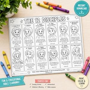 May include: A black and white printable coloring sheet titled The 12 Disciples, featuring twelve individual illustrated portraits of biblical figures with descriptive text and scripture references, surrounded by colorful crayons on a light surface.