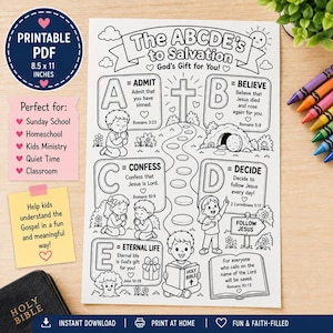 Op de afbeelding: Een zwart-wit printbare kleurplaat getiteld The ABCDE's to Salvation, met illustraties van kinderen, een kruis en een pad. De tekst bevat religieuze verzen en stappen van A tot E op een vel van 21,6 x 27,9 cm.