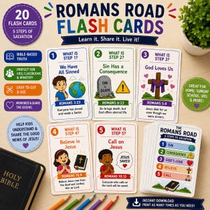 Puede incluir: Un conjunto de 20 tarjetas didácticas Romans Road que muestran los 5 pasos de la salvación con ilustraciones coloridas y versículos bíblicos. Las tarjetas incluyen texto como What Is Step 1, We Have All Sinned, Romans 3:23 y contenido religioso.