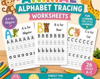 Folhas de exercícios de caligrafia do alfabeto com animais para crianças | Prática de escrita do alfabeto para pré-escola e jardim de infância | PDF para imprimir