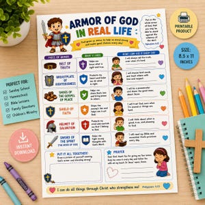 Puede incluir: Una hoja de trabajo educativa imprimible titulada Armor of God in Real Life, que presenta un caballero de dibujos animados, una tabla de piezas de armadura con descripciones y ejercicios de escritura para niños, tamaño 8.5 por 11 pulgadas.