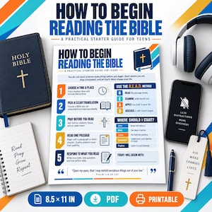 May include: A printable 8.5 x 11 inch guide titled How to Begin Reading the Bible for teens, featuring a five-step process, the R.E.A.D. method, and reading suggestions. It is displayed with a Bible, headphones, a smartphone, a notebook, and a bookmark.