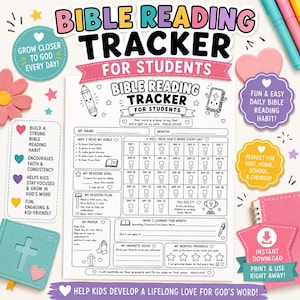 May include: A printable Bible reading tracker for students featuring a 31-day checklist, sections for reading goals, prayer, and monthly progress. The document includes the text Bible Reading Tracker for Students and Psalm 119:105.