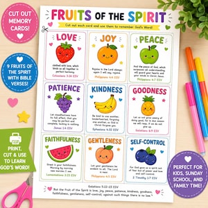 May include: A printable sheet titled Fruits of the Spirit featuring nine rectangular cards with colorful fruit illustrations, each labeled with a virtue like Love, Joy, or Peace, accompanied by a corresponding Bible verse and small heart icons.
