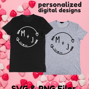 May include: Two black and gray t-shirts with a white circle design featuring the text "M + J" and "Since 2016". The design includes arrows and hearts. SVG and PNG files.