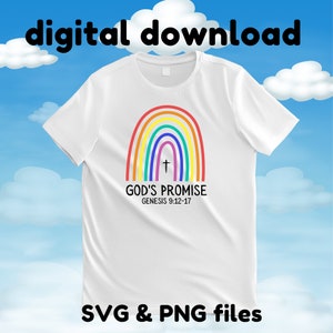 May include: A white t-shirt with a rainbow and a cross in the center. The text "God's Promise Genesis 9:12-17" is below the rainbow. The t-shirt is on a blue and white background.