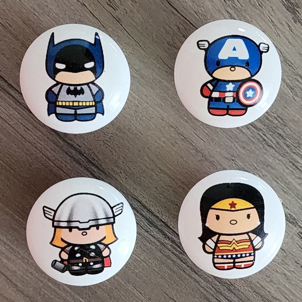 Chibi Superhero Ceramic Knobs / Chibi Style / Custom Comic Book Themed Bedroom Dresser Knob / Nursery Drawer Knobs / Comic Book Heroes