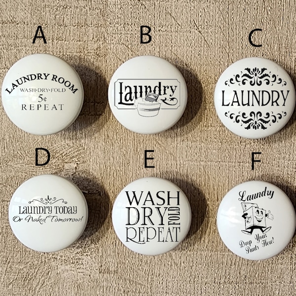 Custom Ceramic Laundry Cabinet Knobs / Custom Laundry Door / Ceramic Cabinet Knob / Vintage Advertisement Cabinet Pulls