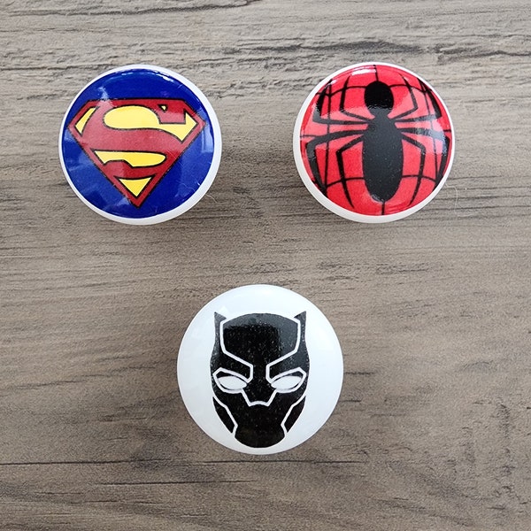 Comic Book Character Ceramic Knobs / Custom Comic Book Themed Bedroom Dresser Knob / Nursery Drawer Knobs / Comic Book Heroes