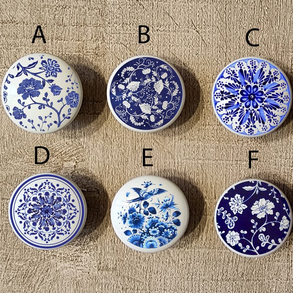 Blue and White Ceramic Dresser and Cabinet Knobs / Custom Ceramic Blue and White Cabinet Knob / Vintage Cabinet Knobs