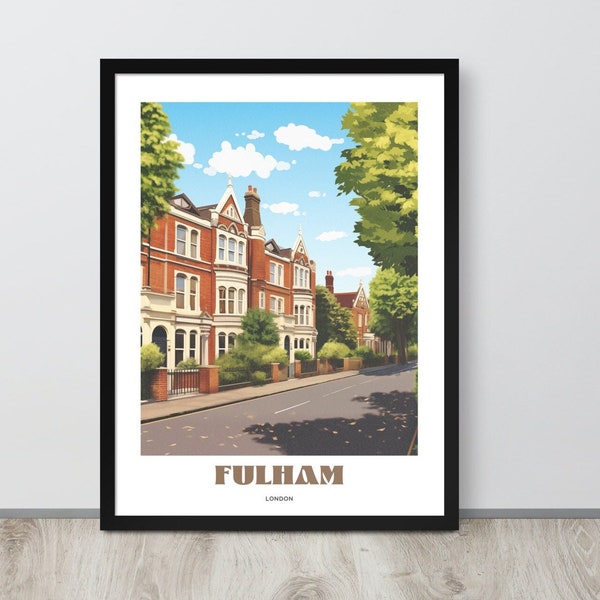 Cartel de viaje de Fulham Londres, idea de regalo de Londres Inglaterra, impresión icónica de arte de pared de Fulham, decoración del hogar de la ciudad capital, impresionantes casas del oeste de Londres