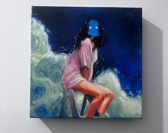 Könnte beinhalten: Ein Gemälde einer Person, die auf einer Leiter vor einem blauen und weißen Hintergrund sitzt. Das Gesicht der Person ist von einem blauen Quadrat mit zwei weißen Kreisen bedeckt.