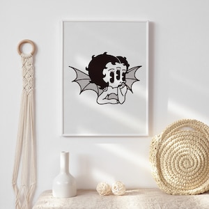 Gothic Betty Boop Digital Art Print, Bat Betty Boop, Nostalgic Comic Wall Art, Vintage Decor, Novelty Art, Minimalistic Design, Illustration
