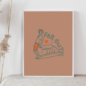 Alien Surfer King Digital Art Print, Celestial King, King of the Waves, retro wall art, surf, beach, surfboard decor design, illustration