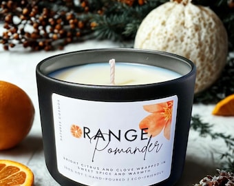 Orange Pomander 100% Soy Candle — Bright Citrus, Clove & Vanilla | 4 oz Black Tin | Cozy and Bright Scent