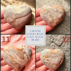 May include: Four heart-shaped Crazy Lace Agate stones, each held in a hand. The stones display unique patterns of beige, brown, and cream colors. The image includes text that reads "CHOOSE YOUR CRAZY LACE AGATE HEART."
