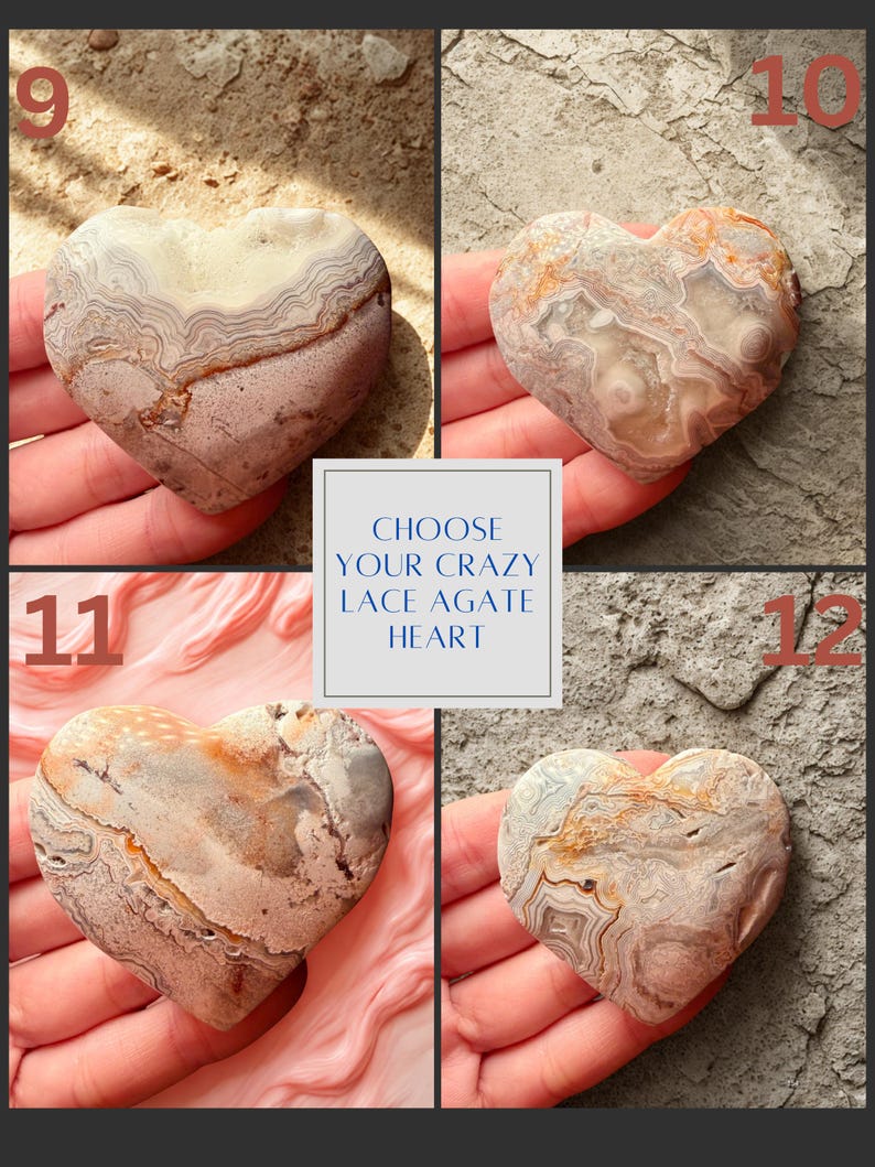 May include: Four heart-shaped Crazy Lace Agate stones, each held in a hand. The stones display unique patterns of beige, brown, and cream colors. The image includes text that reads "CHOOSE YOUR CRAZY LACE AGATE HEART."