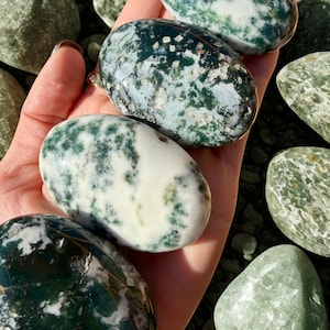 May include: A collection of polished, oval-shaped stones with a mix of white and dark green patterns. The stones are held in a hand, with other similar stones visible in the background. The stones have a smooth, glossy finish.