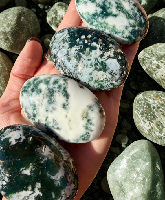 Green Moss Agate Palm Stone | Polished Natural Quartz Chalcedony | Healing Crystal for Meditation, Chakra & Home Decor| Natures Cosmos