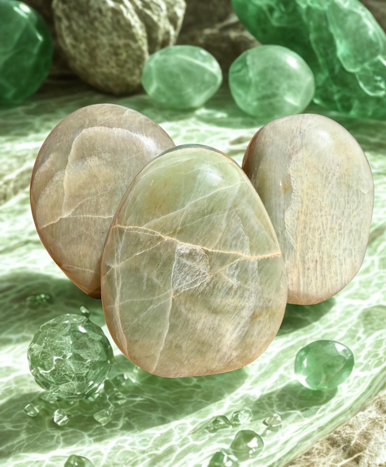 May include: An assortment of polished stones in shades of green and tan. Three large, oval-shaped stones are the focal point, with smaller, spherical and pebble-like stones scattered around. The stones have a smooth, reflective surface, suggesting they are gemstones or decorative objects.