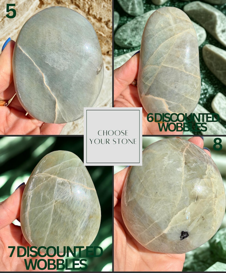 May include: Four smooth, oval-shaped stones in shades of gray and green are displayed. Each stone has unique veining patterns. The image includes text that reads "Choose Your Stone" and numbers 5, 6, 7, and 8, along with the words "Discounted Wobbles".