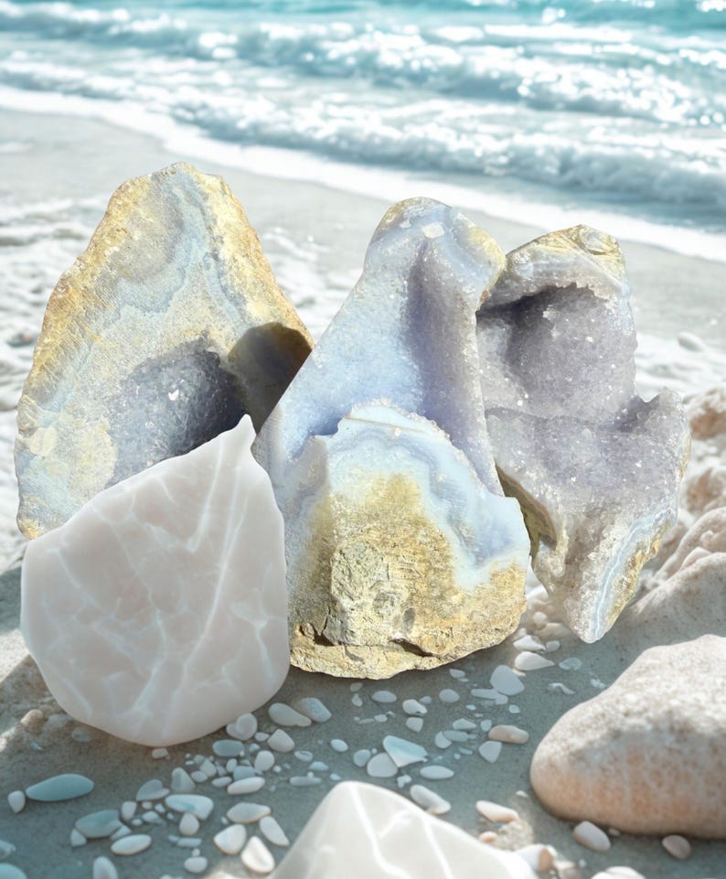 May include: A selection of natural crystals and geodes in white, blue, and gold hues, displayed on a sandy surface with small pebbles. The background shows the ocean with gentle waves.