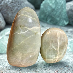 May include: Two polished, oval-shaped stones in shades of green and tan. The larger stone is upright, while the smaller one is rounded. The stones have natural veining and are set against a backdrop of other stones.