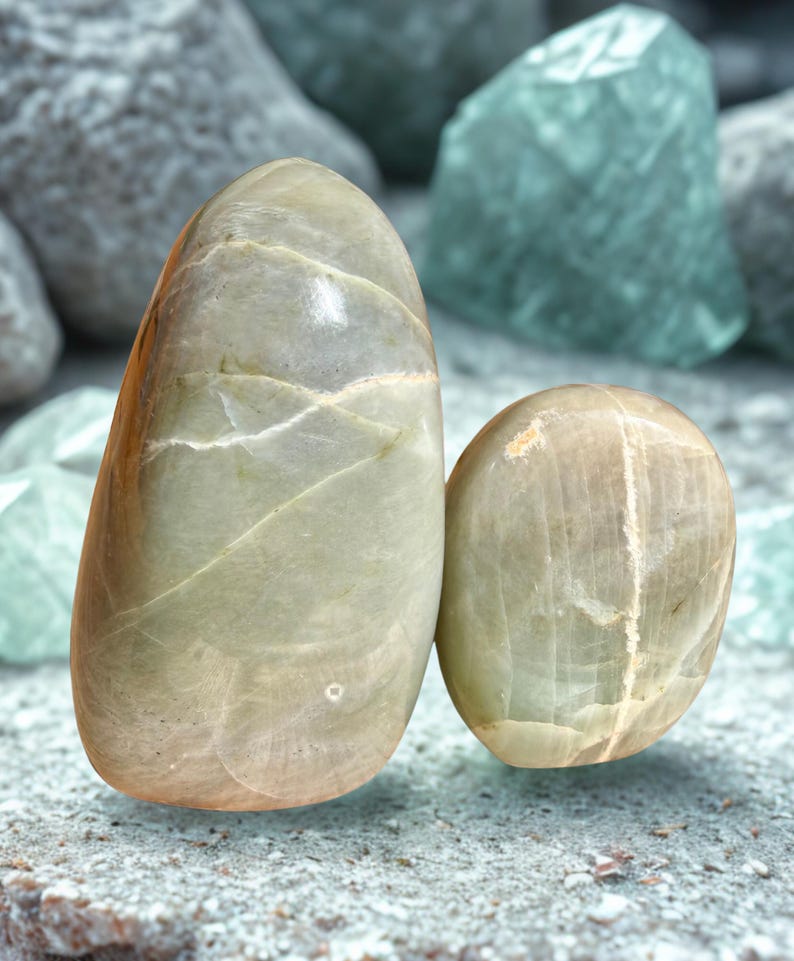 May include: Two polished, oval-shaped stones in shades of green and tan. The larger stone is upright, while the smaller one is rounded. The stones have natural veining and are set against a backdrop of other stones.