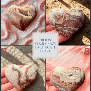 May include: Four heart-shaped Crazy Lace Agate stones. Each stone has unique patterns of red, white, and brown. The image includes the text "CHOOSE YOUR CRAZY LACE AGATE HEART" in a white box. Numbers 5, 6, 7, and 8 are in the corners.