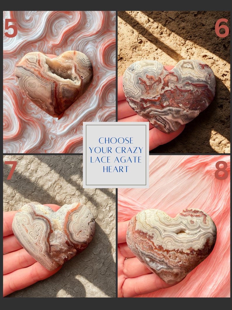 May include: Four heart-shaped Crazy Lace Agate stones. Each stone has unique patterns of red, white, and brown. The image includes the text "CHOOSE YOUR CRAZY LACE AGATE HEART" in a white box. Numbers 5, 6, 7, and 8 are in the corners.