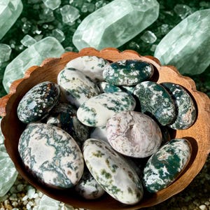 May include: A wooden bowl filled with polished moss agate stones. The stones are oval-shaped with a mix of white, green, and brown patterns. Large, clear quartz crystals are scattered in the background, creating a natural, earthy aesthetic.