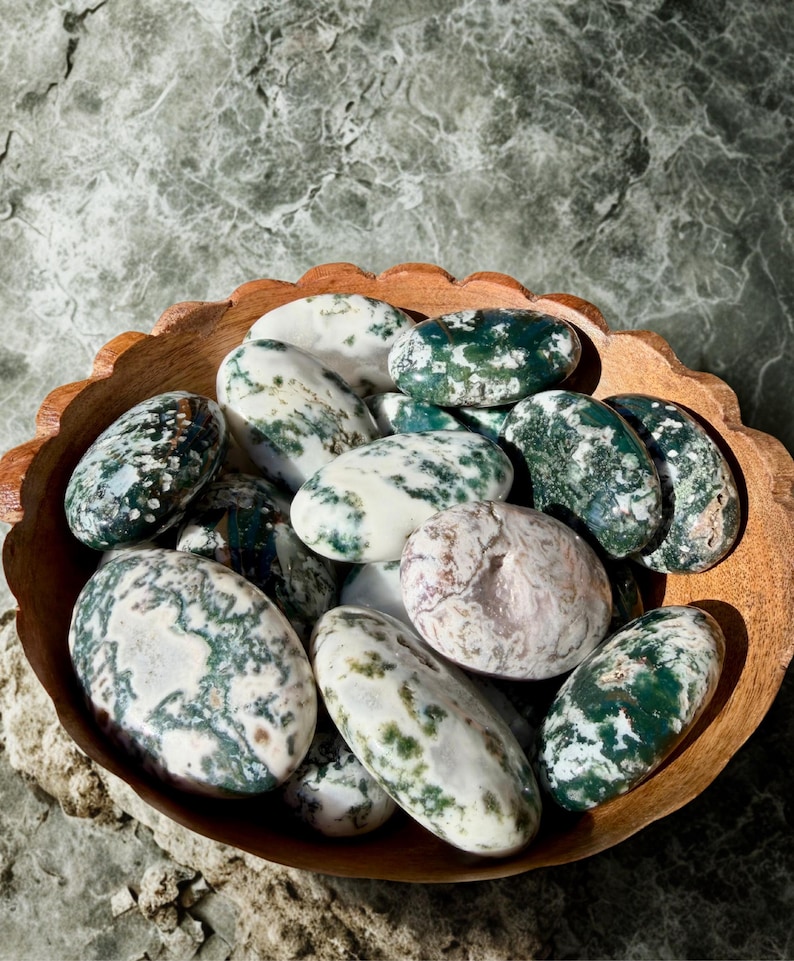 May include: A wooden bowl filled with polished tree agate stones. The stones are oval-shaped, with a mix of white, green, and brown patterns. The bowl has a scalloped edge and sits on a textured surface.