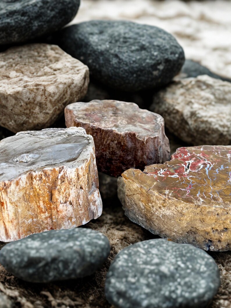May include: A collection of various rocks and stones in shades of gray, brown, and tan. Some stones have a polished, cut appearance, revealing intricate patterns and colors. The arrangement suggests a natural, earthy theme, suitable for decorative or craft purposes.