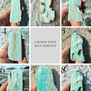 May include: A grid of eight blue serenity crystals, each held in a hand. The crystals vary in shape and texture, with shades of blue and hints of brown. The text "CHOOSE YOUR BLUE SERENITY" is in the center.
