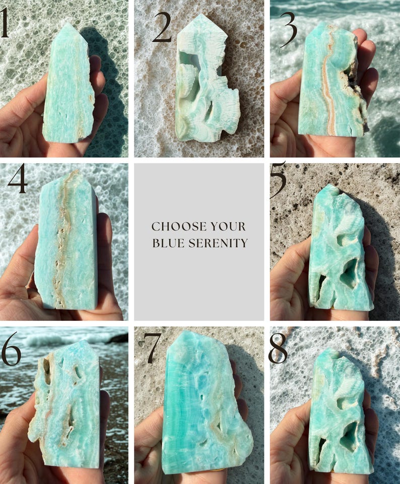 May include: A grid of eight blue serenity crystals, each held in a hand. The crystals vary in shape and texture, with shades of blue and hints of brown. The text "CHOOSE YOUR BLUE SERENITY" is in the center.