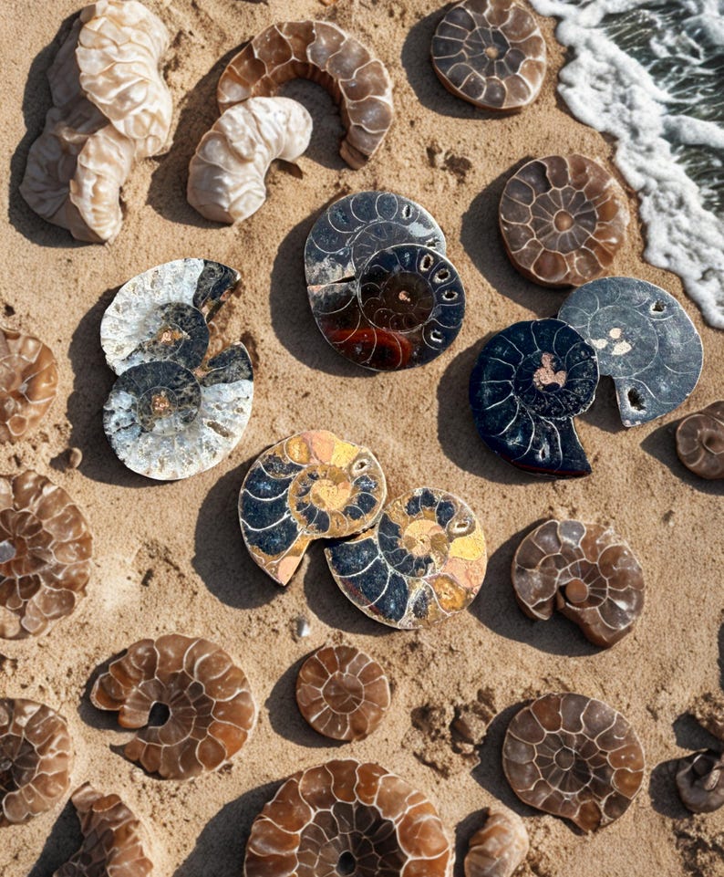 May include: An overhead shot of various fossilized ammonites on a sandy surface near the ocean. The fossils display a range of colors, including brown, black, white, and gold. The spiral patterns are clearly visible, showcasing the natural beauty of these ancient marine creatures.