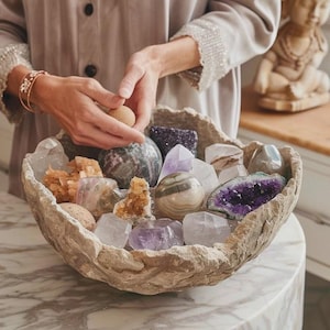 May include: A stone bowl filled with a variety of colorful crystals and gemstones. The bowl is a light beige color with a rough, textured surface. The crystals include amethyst, quartz, and other stones in shades of purple, orange, and clear.