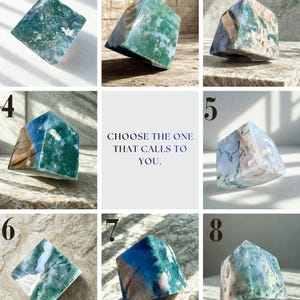 May include: An assortment of eight polished gemstone obelisks, each with unique patterns and colors, including greens, blues, and browns. The image includes the text "CHOOSE THE ONE THAT CALLS TO YOU."