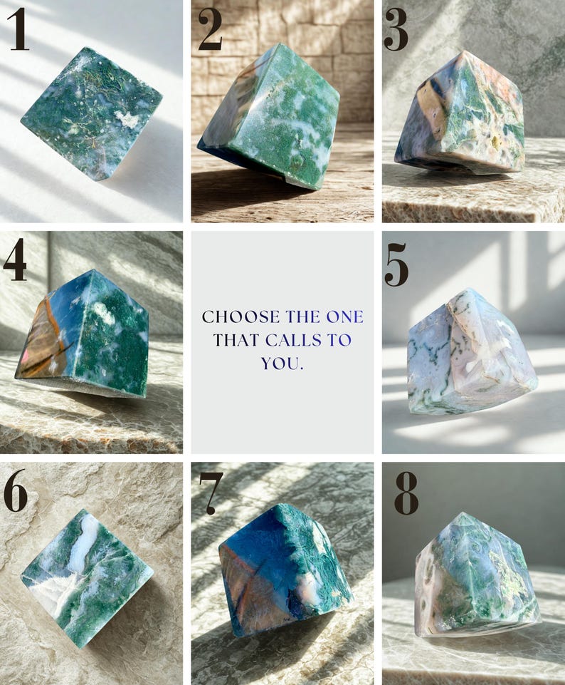 May include: An assortment of eight polished gemstone obelisks, each with unique patterns and colors, including greens, blues, and browns. The image includes the text "CHOOSE THE ONE THAT CALLS TO YOU."