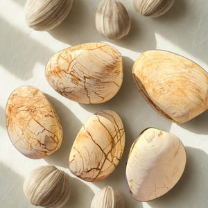 May include: An assortment of decorative stones and shells in various shapes and sizes. The stones have a light beige color with brown veining, while the shells are a light beige with a ribbed texture. The objects are arranged on a light-colored surface.